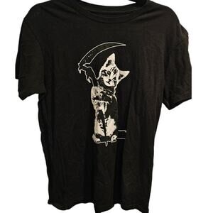 Funny Graphic Shirt Kitten Cat w/ Scythe Black Size Medium EUC